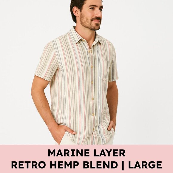 Marine Layer Hemp Blend Striped Button Down Retro Vacationcore Shirt Men’s Large - Picture 1 of 14